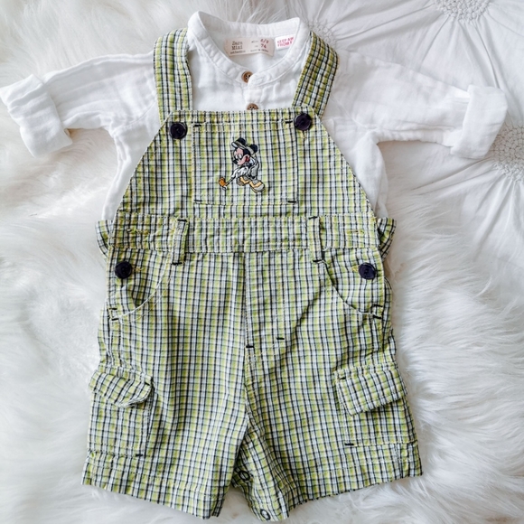 Vintage Plaid Disney Mickey Baby Overall Shorts Size 3 Months With Linen Shirt - Picture 1 of 8